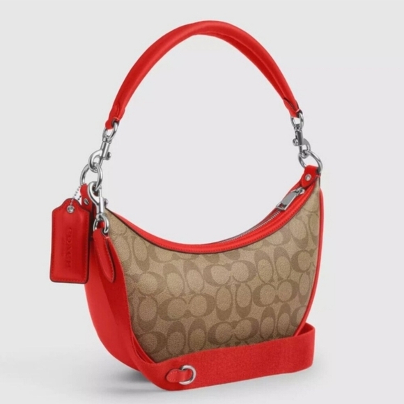 🔹️Coach🔹️ CR283 Aria Shoulder bag Logo Signature Khaki / Miami Red - Picture 3 of 6